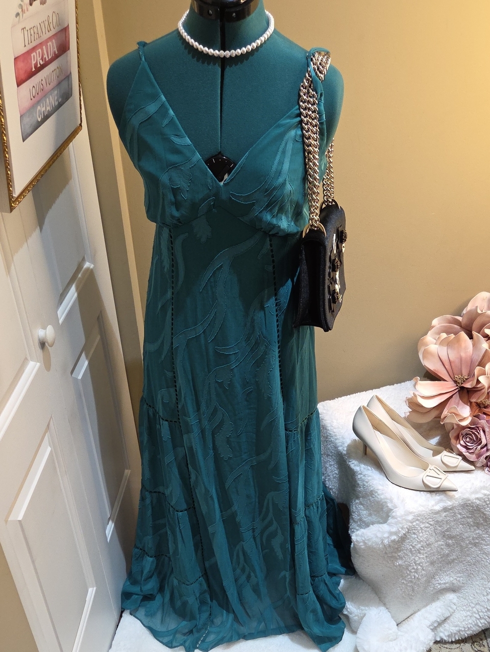 Nwt 12 Taylor Dark  Green  Floral Ruched Maxi Dress